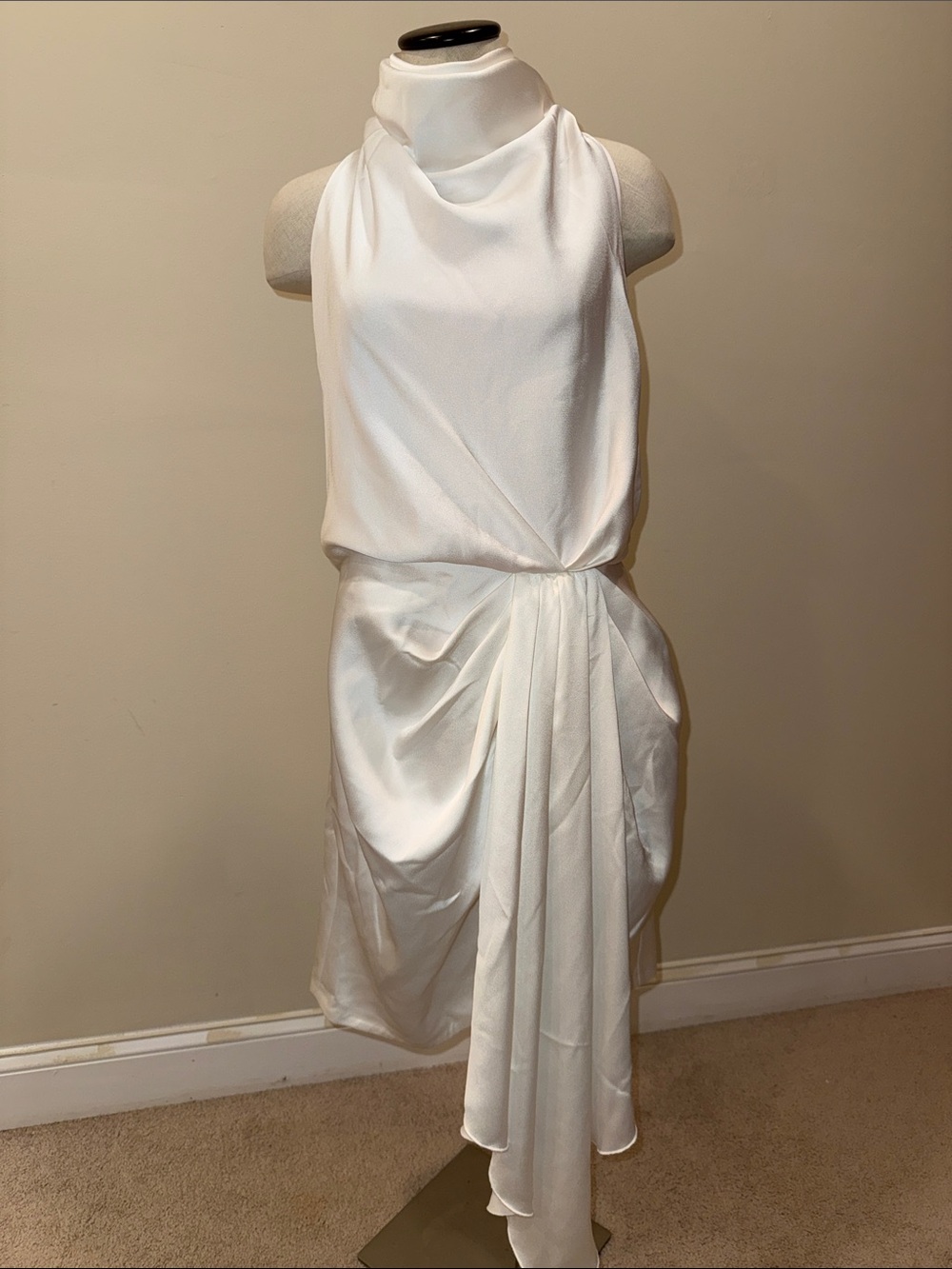 White Draped Halter Midi Dress with Cascade Detail